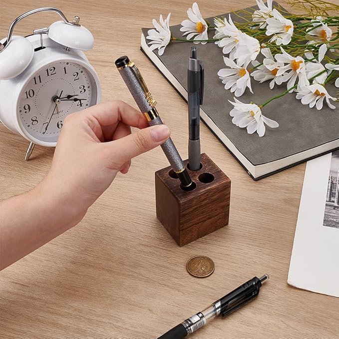 MAYJOYDIY Cuboid Wooden Walnut Pen Holder with 4 Round Holes Stylish Vintage Desk Organizer Pencil Holder Fountain Pen Tray for Home Office Classroom Desktop Stationery Accessories