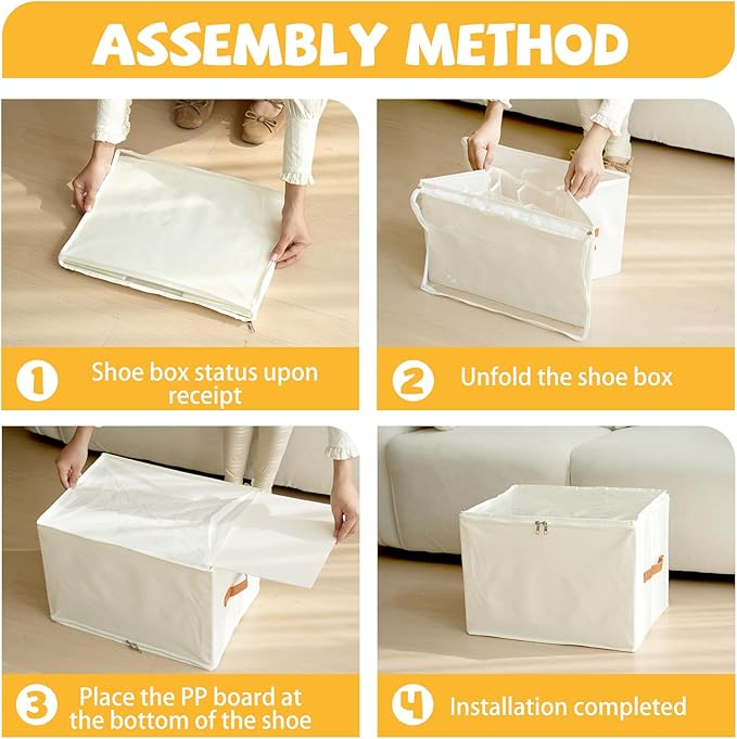 4 Pack Shoe Organizer for Closet - with Transparent Cover and Sturdy Handles shoe storage - Foldable Shoe Storage Containers Fits to 36-48 Pairs 4 Pack (Beige)