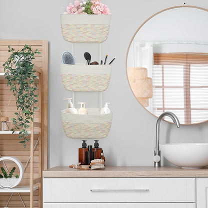 TeoKJ 3-Tier Woven Cotton Wall-Mounted Hanging Storage Baskets, Over the Door Organizer Bin for Kids Room, Bathroom, Bedroom, Kitchen, White & Rainbow Stitching
