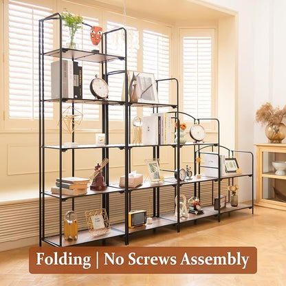 Crofy No Assembly Folding Bookshelf for Living Room, 2 Tier Black Collapsible Book Shelf for Home Office, Portable Bookcase Storage Organizer