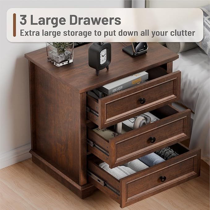 Nightstand with Charging Station Set, 24” Wide End Table with 3 Drawers Set of 2, Modern Bedside Table with Storage, Wood Small Dresser for Bedroom Room (Cherry)