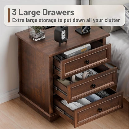 Nightstand with Charging Station Set, 24” Wide End Table with 3 Drawers Set of 2, Modern Bedside Table with Storage, Wood Small Dresser for Bedroom Room (Cherry)