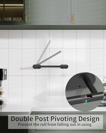 Paper Towel Holder Under Cabinet, Self Adhesive or Wall Mounted SUS304 Stainless Steel Paper Towel Holder for Kitchen, Bathroom(2 Towel Hooks, Matte Black)