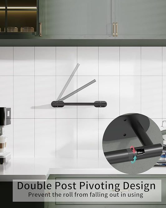 Paper Towel Holder Under Cabinet, Self Adhesive or Wall Mounted SUS304 Stainless Steel Paper Towel Holder for Kitchen, Bathroom(2 Towel Hooks, Matte Black)