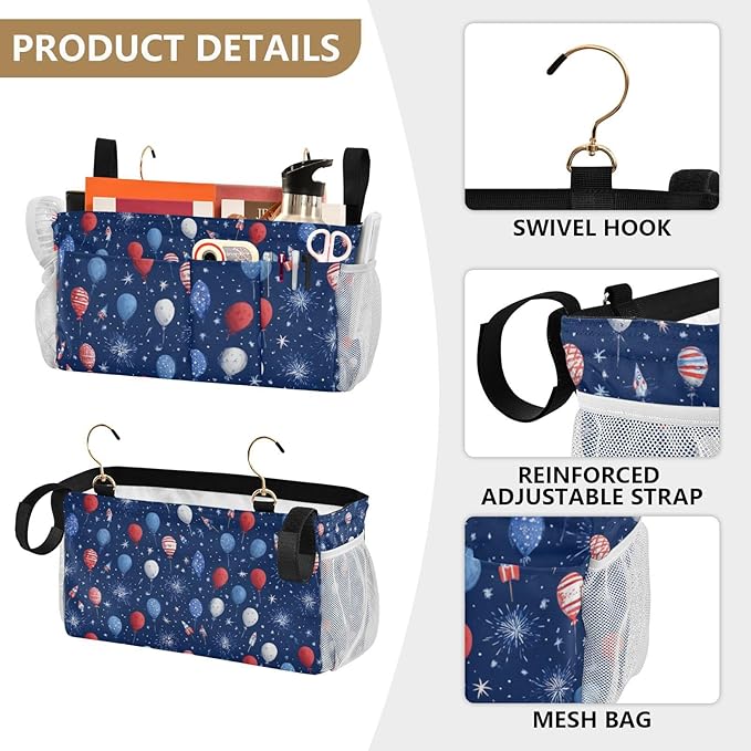 CuwrYet Bedside Caddy Hanging Bunk Bed Caddy Bed Organizer Hanging Pocket with 2 Hooks Bedside Storage Organizer Pocket Bag Holder Navy Blue Patriotic Balloons Fireworks