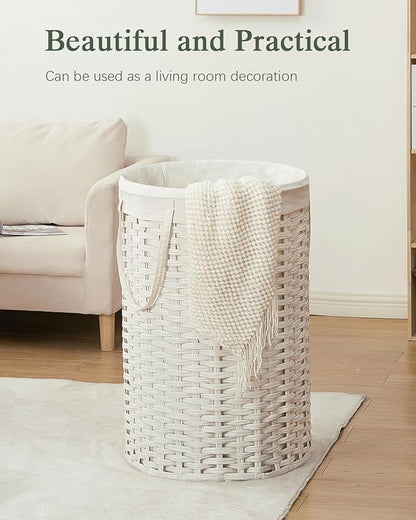 34.3 Gal (130 L) Large Laundry Hamper Laundry Basket Round Handwoven Wicker Laundry Baskets Rattan Laundry Basket with Removable Bag Handles 2 Mesh Bags for Living Room Bedroom White (No Lid)
