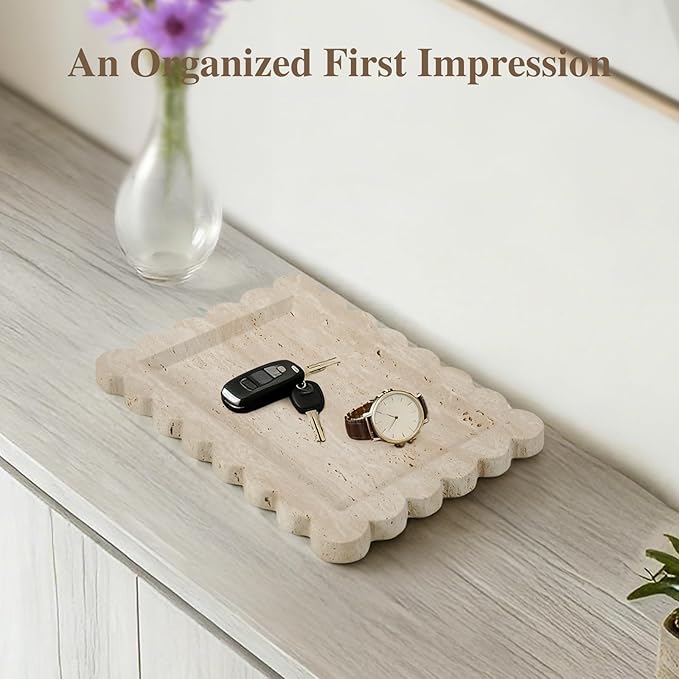 Luxury Beige Travertine Tray with Scalloped Edge, 11"x8" Rectangle Vanity Tray for Bathroom & Kitchen Counter, Decorative Organizer Tray for Dresser, Coffee Table, Home Décor