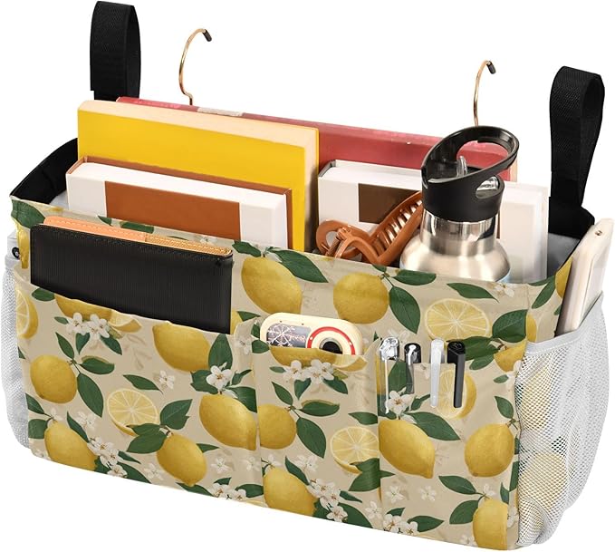 CuwrYet Bedside Caddy Hanging Bunk Bed Caddy Bed Organizer Hanging Pocket with 2 Hooks Bedside Storage Organizer Pocket Bag Holder Beige Lemons and Flowers