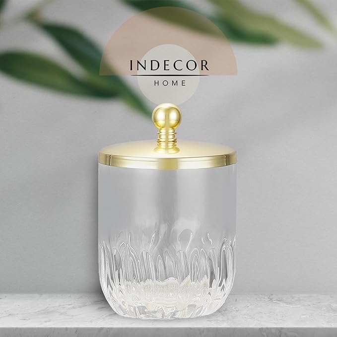 Indecor Home Clear Transparent Apothecary Vertical Wavy Glass Jar With Gold Metal Lid Cover for Bathroom Organization, Cotton Balls, Q Tips, and Small Accessories, Bathroom Storage