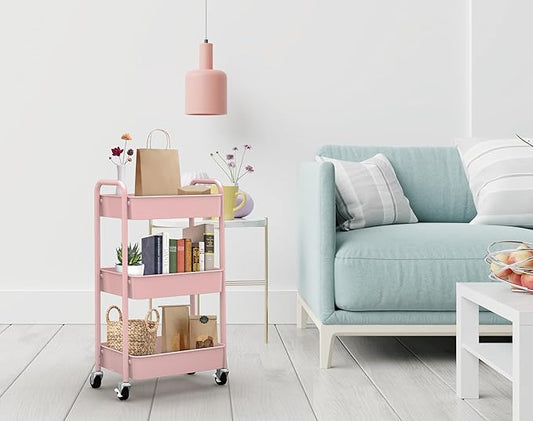 CAXXA 3-Tier Rolling Metal Storage Organizer - Mobile Utility Cart with Caster Wheels, Pink