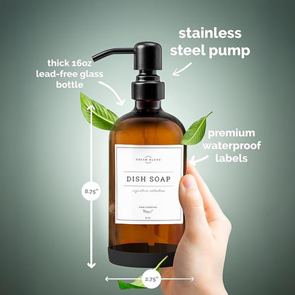 Vine Creations Amber Glass Soap Dispenser, 2 Pack Kitchen Soap Dispenser Set with Stainless Steel Pump, 16 oz Dish Soap and Hand Soap Dispensers for Bathroom with Waterproof Labels