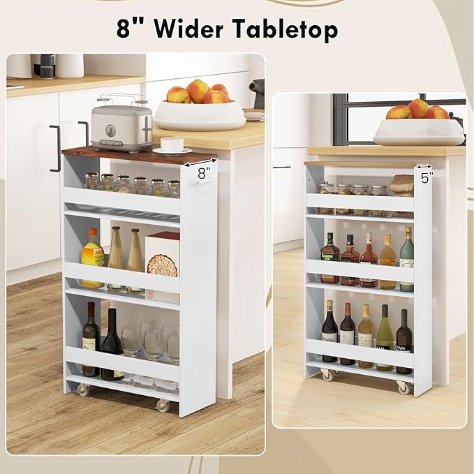 LOKO 4-Tier Rolling Storage Cart, 8 Inches Slim Kitchen Cart on Wheels with Open Shelves & Handle, Laundry Room Cart Between Washer and Dryer, for Bathroom Next to Fridge (White & Rustic Brown)