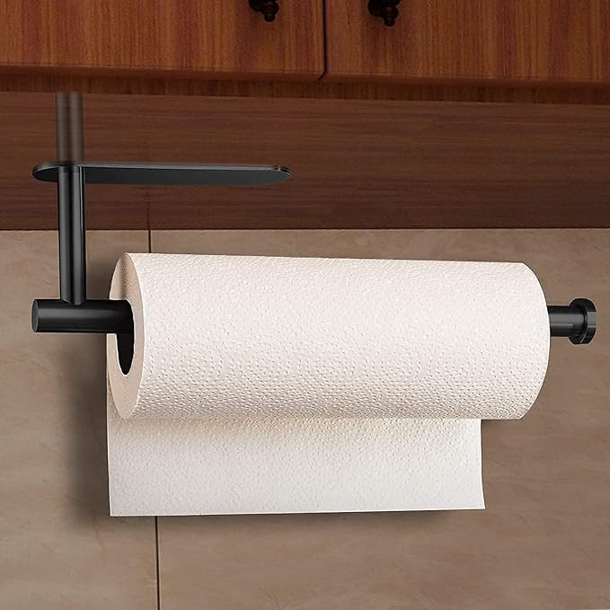 Paper Towel Holder Under Cabinet-Matt Black Self Adhesive Paper Towel Holder for Bathroom Countertop Organizer Horizontal or Vertical Wall Mounted for Kitchen Accessories