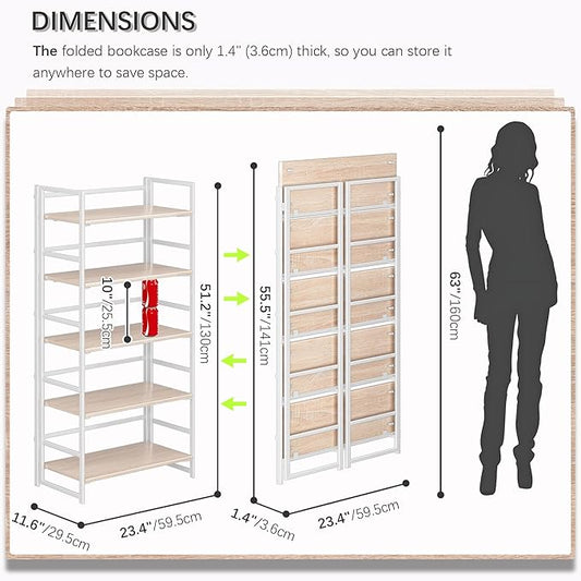 4NM No Assembly 5 Tiers Collapsible Book Shelves, 51.2" H Folding Bookshelf Bookcase Open Industrial Foldable Shelves for Bedroom, Living Room, Home Office - Natural White