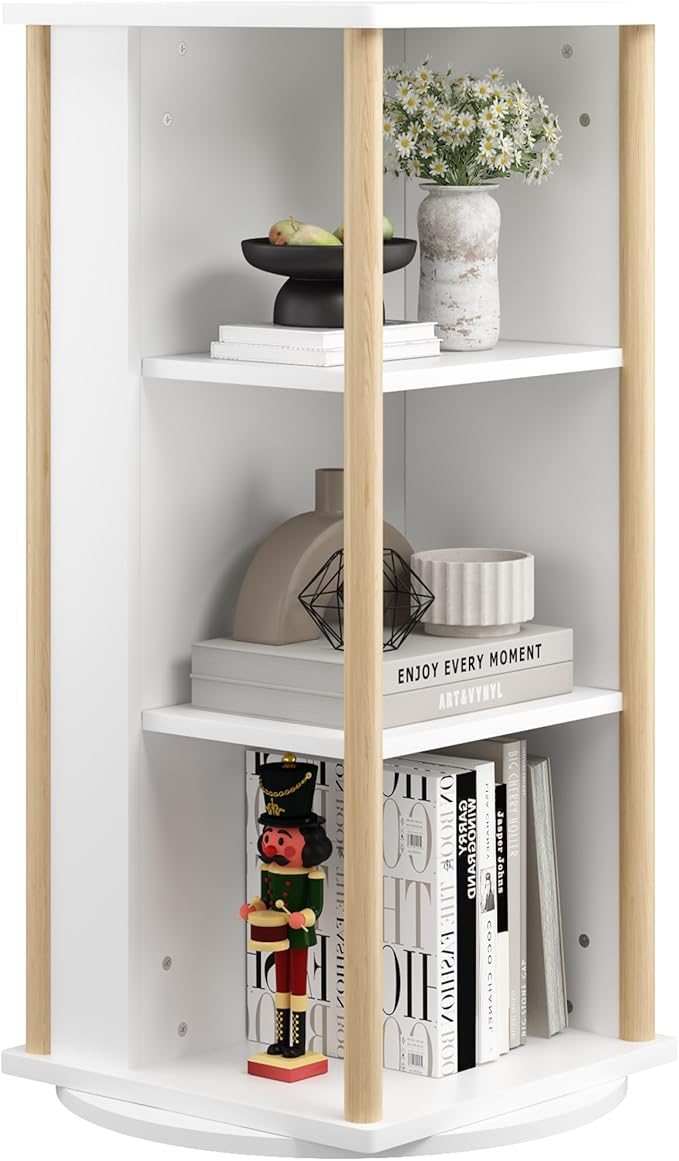 Ikebana Rotating Bookshelf Kids, 3 Tier Rotating Bookshelf Tower with Chalkboard, 360 Display Floor Standing Revolving Corner Bookcase and Narrow Book Shelf Organizer