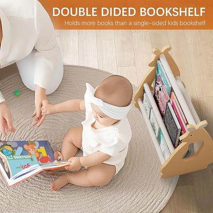 Double Sided Kids Bookshelf – 2 Tier Portable Toddler Bookshelf, Book Shelf for Kids Rooms & Playroom, Cute Kangaroo Design Wooden Montessori Baby Bookshelf,Toddler Book Display Shelves,Brown