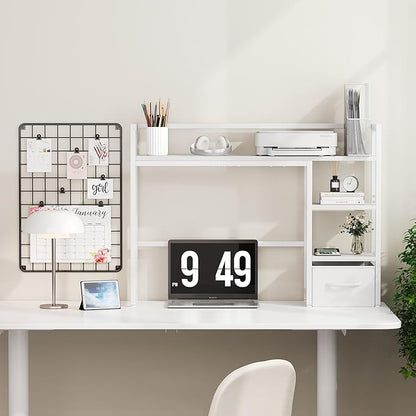 Marbrasse Desk Shelf with Drawer, 40" Desk Hutch for Computer Monitor, Desk Shelf for top of Desk, Wooden Desktop Bookshelf Storage Rack for Home Office Dorm - White