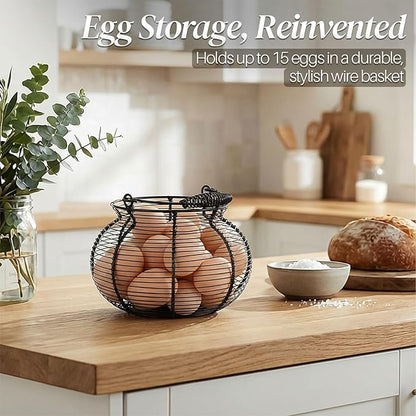 Flexzion Egg Basket for Gathering Fresh Eggs - Round Wire Countertop Egg Holder with Spring Handles, Farmhouse Chicken Eggs Collecting Basket Storage for Countertop, Kitchen Organizer and Farm (Black)