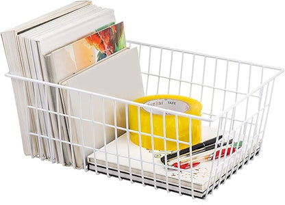 Redrubbit Wire Storage Baskets, Large Farmhouse Metal Freezer Basket Storage Organizer Bins with Handles for Kitchen Cabinets, Pantry, Closets, Bedrooms, Bathrooms, Set of 4, White
