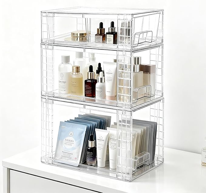 3 Pack Stackable Storage Drawers, Clear Plastic Storage Bins with Pull-out Handle for Kitchen Pantry Cabinet Bathroom Under Sink Organization