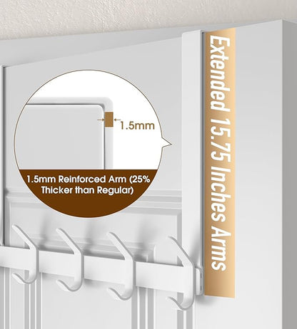 KitchLife Over The Door Hooks Hanger with 15.75 inches Extended Arms, Fit for 1-3/4" Doors, J40U, Thickened Bathroom Towel Rack Organization, 1 Pack Double-Hook, Glossy White