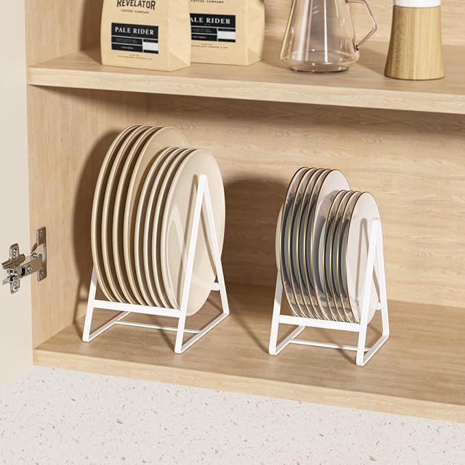 Hikinlichi 2 Pack Triangle Plate Holders Organizers Large Upright Cabinet Dish Drying Racks Metal Plate Dish Organizers Racks Stands for Countertop and Cupboard White