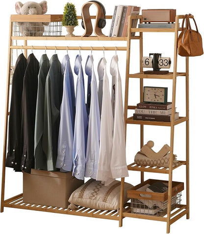 Bamboo Clothing Garment Rack 7 Tier Storage Shelf Coat Clothes Hanging Rack, Portable Wardrobe Closet Organizer With Top Shelf, Shoe Storage Shelves for Bedroom (Natural - 51.18 in)