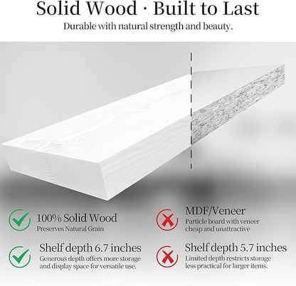 BGMG Wood Floating Shelves 36 inch Long, Wide Rustic Wooden Wall Shelves for Bathroom Living Room Bedroom Kitchen Farmhouse Set of 2-36x6.7x1.25 inch-White