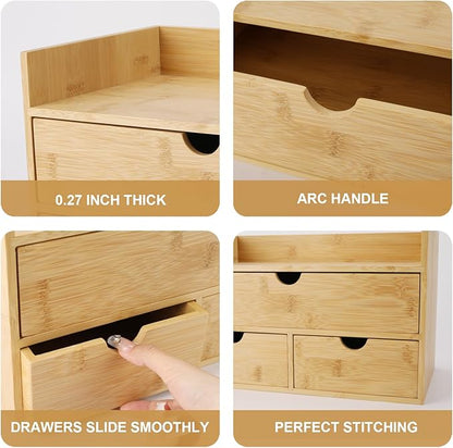 Bamboo Desk Organizer 3 Drawer with Shelf, Countertop Organizer with Drawers Makeup Storage Drawer 3 Drawers Tabletop Storage Organization Box Home Office Workspace