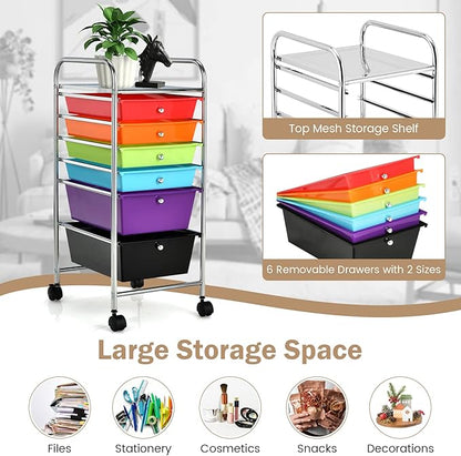 Happygrill 6-Drawer Organizer Cart Tools, Mobile Utility Storage Cart with Removable Drawers & Lockable Wheels, Rolling Storage Cart with Wheels for Home Office,Multicolor