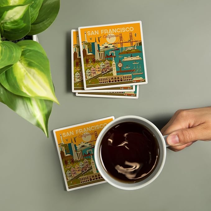 Lantern Press San Francisco, California, Geometric (Absorbent Ceramic Coasters Set of 4 Matching Images, Cork Back, Kitchen Table Decor)