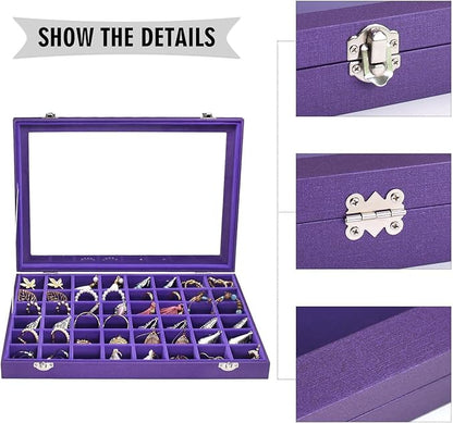 Jewelry Tray Organizer Box 48 Grid Jewelry Display Organizer Box with Transparent Lid Rings Earrings Necklaces Pendants Display Box Suitable for Women and Girls (48 Grid, Purple)