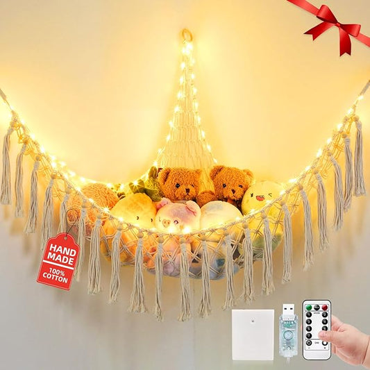 Stuffed Animal Hammock with 75LEDs, Extra Large 55in Toy Storage Macrame Hammock, Hanging Toy Net for Kids Bedroom Doll Room Corner Organizer, USB Plush Toy Hammock with Remote(XL)