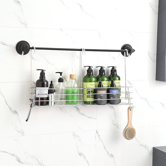 Seltomer 2pcs Single-Layer Hanging Shower Caddy, Rustproof Shelves Rack with Rotatable Hook bar, Large Capacity Bathroom Organizers and Storage, No Drilling Shampoo Bracket