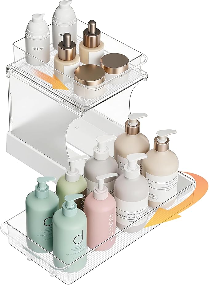 Attelite Under Sink Organizer, 2 Tier Bathroom Counter Organizer with 180° Rotating and Foldable Design, Sliding Drawers Clear Spice Rack Organizer for Cabinet, Pull Out Cabinet Organizer