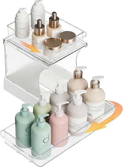 Attelite Under Sink Organizer, 2 Tier Bathroom Counter Organizer with 180° Rotating and Foldable Design, Sliding Drawers Clear Spice Rack Organizer for Cabinet, Pull Out Cabinet Organizer