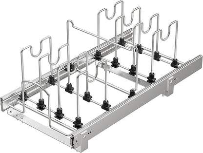 Pull Out Pots and Pans Organizer Under Cabinet, Sliding Adjustable Pot Rack with 9 Adjustable Dividers, Chrome-Plated Pot and Pan Holder Rack, Full-Extension Rail for Kitchen Organization 12" W*22" D
