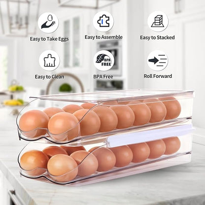 Egg Holder for Fridge, Automatically Rolling Egg Container for Refrigerator, Clear Plastic Fridge Organizers and Storage with Lid, Stackable Egg Dispenser & Tray (3 Tier)