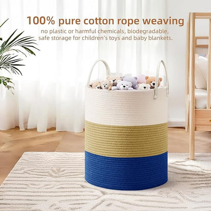 Cotton Rope Basket，Large Blanket Basket for Living Room,Woven cotton rope laundry baskets，For Bathroom Dirty Clothes ，Nursery Toys，pillow storage organization, 80L,white and dark blue.