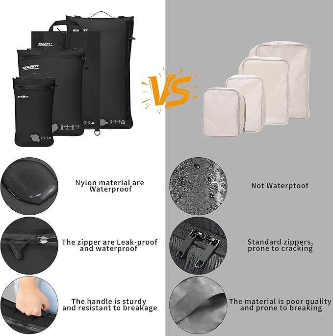 Eulant 4 Set Vacuum Packing Bags for Travel With Pump,Professional IPX8 Zip Packing Organizer for Suitcases Backpack,Space Saver Bags Packing Organizers for Clothing Packing(4 Set,Black)