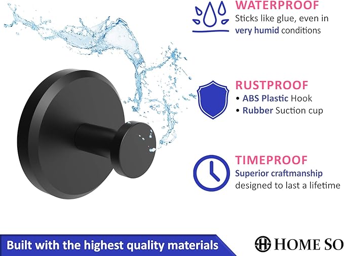 HOME SO Suction Cup Hooks for Shower, Bathroom, Kitchen, Glass Door, Mirror, Tile – Loofah, Towel, Coat, Bath Robe Hook Holder for Hanging up to 15 lbs – Waterproof & Rustproof, Matte Black (4-Pack) | for Shower, Bathroom, Kitchen, Glass Door, Mirror, ...