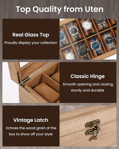 Uten 12-Slot Watch Box, 2-Layers Solid Wood Watch Display Case with Glass Lid, Watch Holder Organizer with Soft Pillow and Velvet Lining, Watch and Jewelry Storage Box, Brown