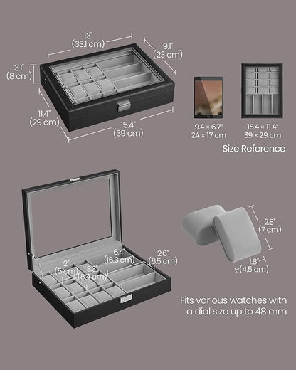 SONGMICS 16-Slot Watch Box, Lockable Storage Case With Glass Lid, Gift Idea, Ink Black Synthetic Leather, Dove Gray Lining UJWB112G01