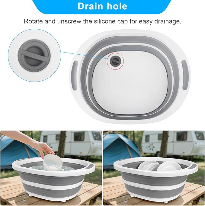 Collapsible BBQ Prep Tub with Lid, 7.5L Bottle Wash Basin with Drain Plug, Chopping Board Colander for Kitchen, Portable Camping Sink Dish Basin, Folding Dish Pan Storage Basket Picnic BBQ Accessories