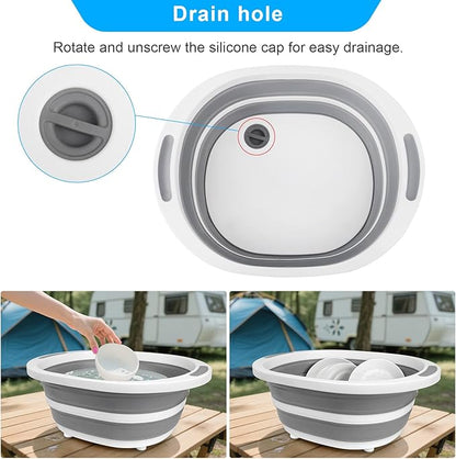 Collapsible BBQ Prep Tub with Lid, 7.5L Bottle Wash Basin with Drain Plug, Chopping Board Colander for Kitchen, Portable Camping Sink Dish Basin, Folding Dish Pan Storage Basket Picnic BBQ Accessories