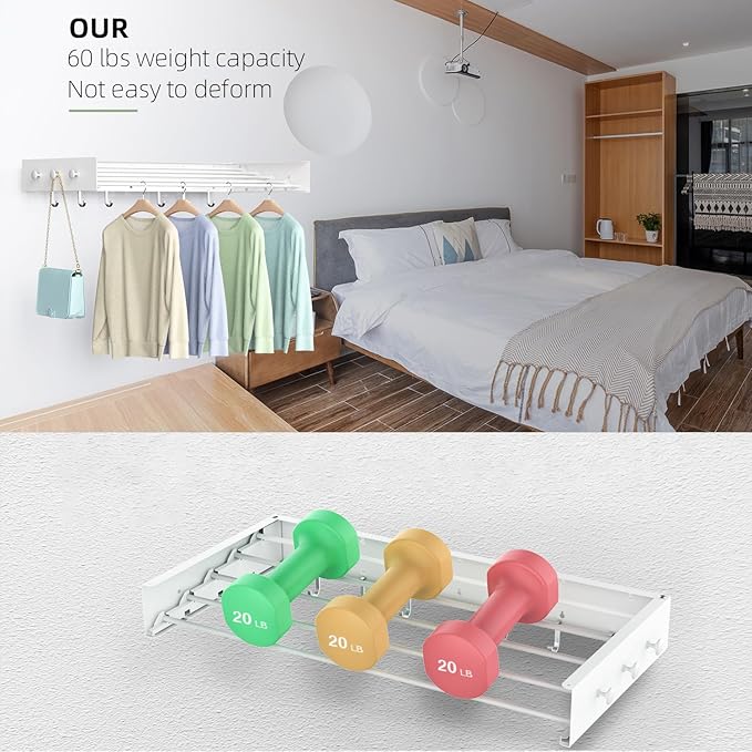 Drying Rack Clothing,Clothes Drying Rack Wall Mounted,Laundry Drying Rack Wall Mount,Foldable,Collapsible,60 lb Capacity 5 Aluminium Poles with 6 Hooks (White, 31.5'')