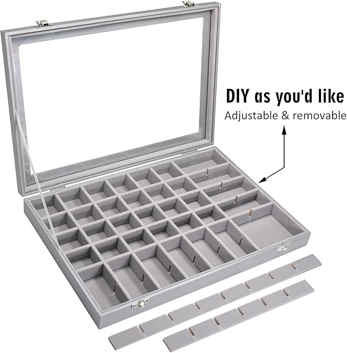 Jewelry Tray Organizer Box 48 Grid Jewelry Display Organizer Box with Transparent Lid Rings Earrings Necklaces Pendants Display Box Suitable for Women and Girls (48 Grid, Silver Grey)