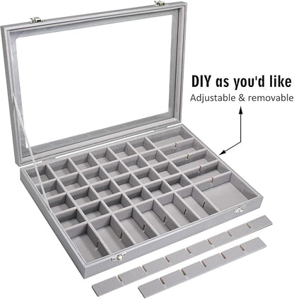 Jewelry Tray Organizer Box 48 Grid Jewelry Display Organizer Box with Transparent Lid Rings Earrings Necklaces Pendants Display Box Suitable for Women and Girls (48 Grid, Silver Grey)