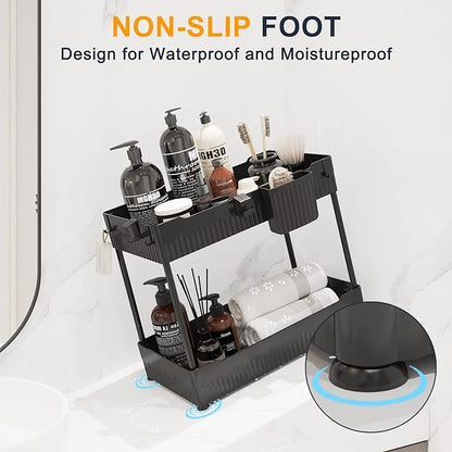 2 Pack Under Sink Organizer, Under Bathroom Cabinet Organizer with Hooks Hanging Cup, Multi-Purpose Storage Shelf for Kitchen Bathroom (Black, 14.8 Inch)