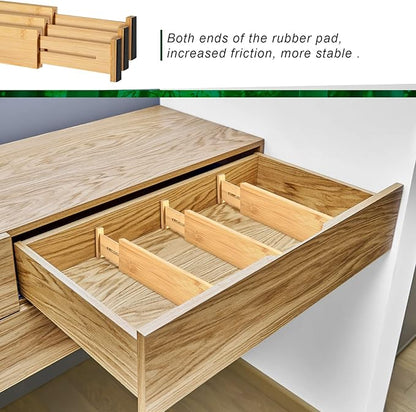 4 Pack Bamboo Kitchen Drawer Dividers with Inserts 2.6" High, Adjustable from 12.5 Inch to 21.7 Inch Drawer Organizers, Expandable Drawer Separators for Clothes, Bedroom, Dresser, Office (Beige)